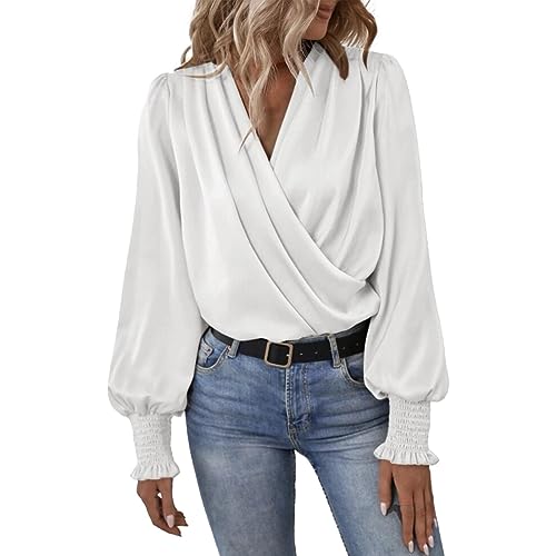 FNKDOR 2024 Elegante Satin Blusen Damen Wickelbluse Puffärmel Seidenbluse Blusenshirt Tunika Business Blusen Oberteile (White, L) von FNKDOR