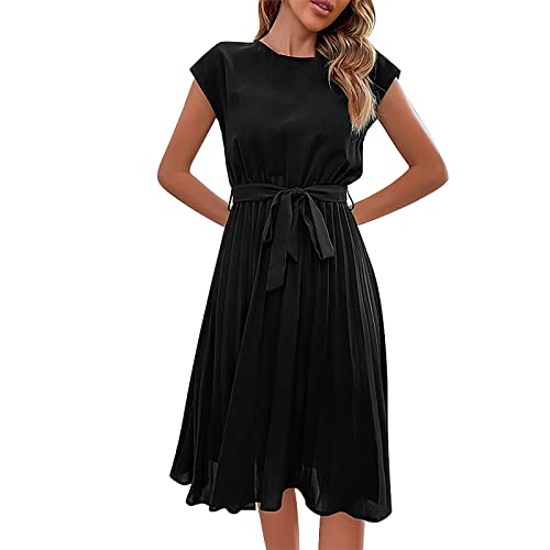 FNKDOR 2024 Sommerkleid Damen Elegant Knielang Plisseekleid Business Midikleid mit Gürtel (Black, XXL) von FNKDOR