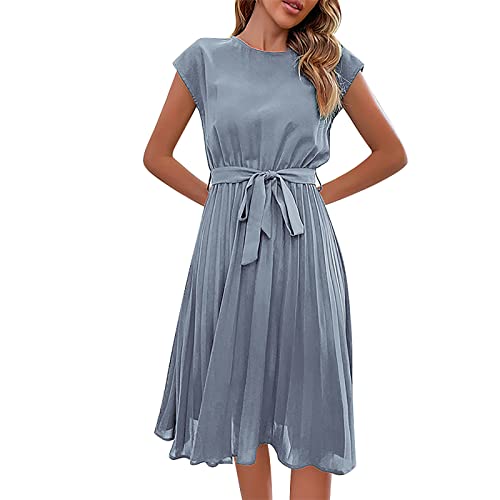 FNKDOR 2024 Sommerkleid Damen Elegant Knielang Plisseekleid Business Midikleid mit Gürtel (Blue, L) von FNKDOR