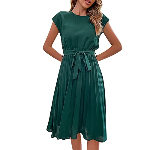 FNKDOR 2024 Sommerkleid Damen Elegant Knielang Plisseekleid Business Midikleid mit Gürtel (Green, L) von FNKDOR