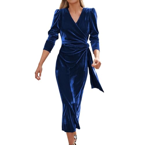 FNKDOR 2024 Sommerkleid Damen Elegant Lang V-Ausschnitt Langarm Samtkleid Maxikleid Meerjungfraukleider Abendkleider (Blue, L) von FNKDOR