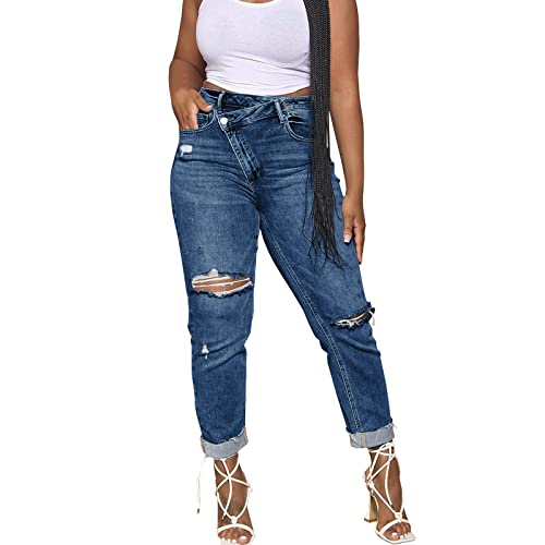 FNKDOR Asymmetrisch Jeans Damen Straight Leg Jeans Gerade Jeans Ripped Jeans mit Löchern von FNKDOR