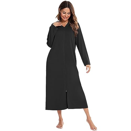 FNKDOR Bademantel Damen Morgenmantel Lang Baumwolle Hausmantel Pyjamas mit Reißverschluss und Kapuze (Black, XL) von FNKDOR