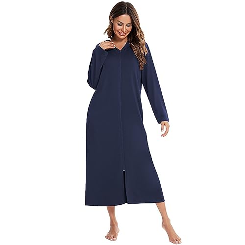 FNKDOR Bademantel Damen Morgenmantel Lang Baumwolle Hausmantel Pyjamas mit Reißverschluss und Kapuze (Navy, L) von FNKDOR