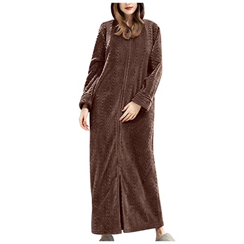 FNKDOR Bademantel Damen Morgenmantel Zopfmuster Weicher Velour Flauschiger Bodenlang Hausmantel mit Reißverschluss und Kapuze (Coffee, XL) von FNKDOR