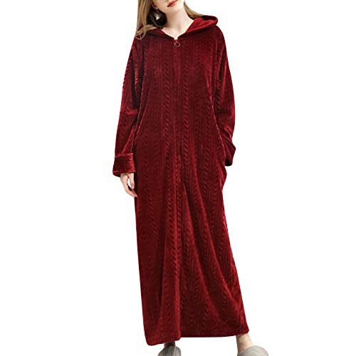 FNKDOR Bademantel Damen Morgenmantel Zopfmuster Weicher Velour Flauschiger Bodenlang Hausmantel mit Reißverschluss und Kapuze (Wine, L) von FNKDOR