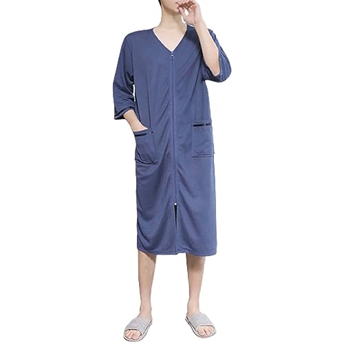 FNKDOR Bademantel Herren Lang V-Ausschnitt Waffel Morgenmantel Hausmantel Pyjamas mit Reißverschluss (Navy, XL) von FNKDOR