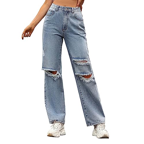 FNKDOR Baggy Jeans Damen High Waist Straight Leg Weites Bein Zerrissene Löchern Jeanshose (Blue, M) von FNKDOR
