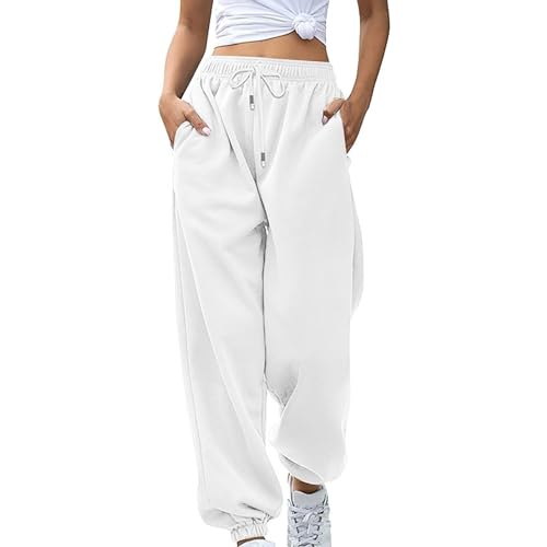 FNKDOR Baggy Jogginghose Damen mit Kordelzug Schlicht Leichte Breite Trainingshose Bequeme Sweathose Trendy Sweatpants (White, XXL) von FNKDOR