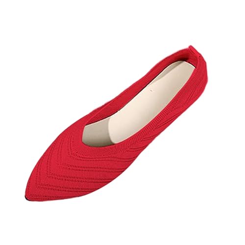 FNKDOR Ballerinas Damen Elegant Bequem Sommerschuhe Slip On Flache Schuhe Spitze Zehe Knit Kleid Schuhe Größe.35-43 (Rot, 39) von FNKDOR