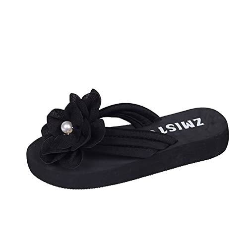 Bequeme Plateau Flip Flops Damen Leichte Sommer Slipper Schöne Blümchen Perlen Boho Zehentrenner von FNKDOR