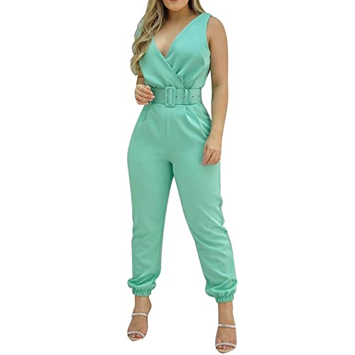 FNKDOR Blattdruck Jumpsuit Damen Elegant Sommer V-Ausschnitt Ärmellos Rückenfrei Overalls Romper mit Gürtel von FNKDOR