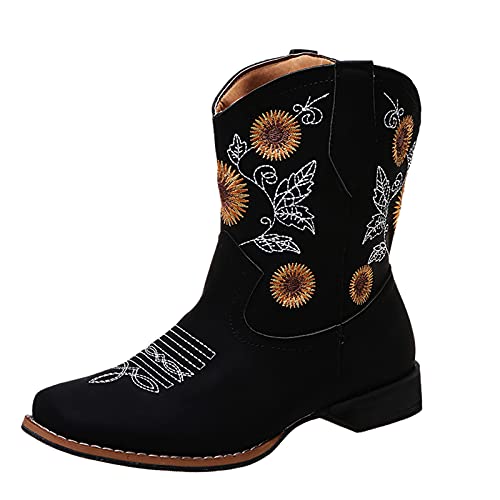 FNKDOR Blumenstickerei Cowboy Boots Weitschaft Stiefeletten Damen Kurzschaft Stiefel Schwarz 40 von FNKDOR