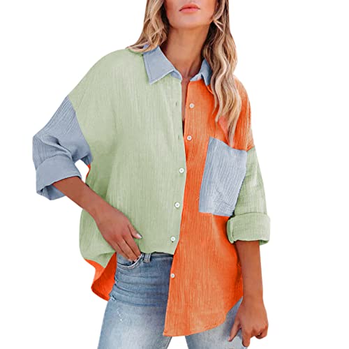 FNKDOR Bluse Damen Musselin Langarmshirt Baumwolle Lässig Oberteile Sommerhemd Langarm Hemdbluse Farbblock Shirts Tuniken mit Brusttasche (Green, XL) von FNKDOR