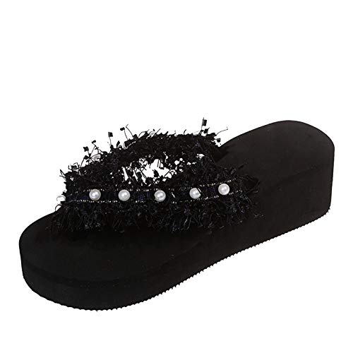 FNKDOR Boho Fransen Strass Flip Flops Hausschuhe Damen Pantoletten mit Plattform Sommer Schuhe Damen Slippers Schwarz 38 von FNKDOR