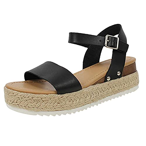 FNKDOR Boho Plateau Sandalen Damen Sommer Flach Elegant Hanf Gewebt Knöchelriemchen Sandaletten mit Keilabsatz Schwarz 38 von FNKDOR