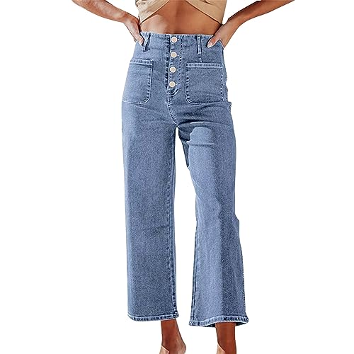 FNKDOR Bootcut Jeans Damen High Waist 7/8 Jeanshose mit Knopfleiste (Blue, M) von FNKDOR