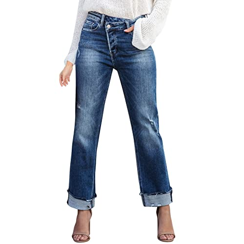 FNKDOR Boyfriend Jeans Low Waist Jeans Damen Asymmetrisch Straight Leg Jeans Gerade Jeans von FNKDOR