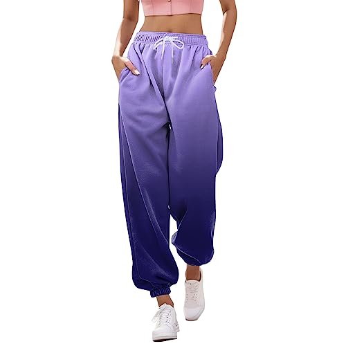 FNKDOR Breite Jogginghose Damen Farbverlauf Leichte Baggy Trainingshose Bequeme Sweathose Trendy Sweatpants (Purple, L) von FNKDOR
