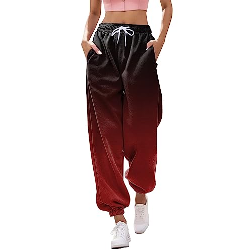 FNKDOR Breite Jogginghose Damen Farbverlauf Leichte Baggy Trainingshose Bequeme Sweathose Trendy Sweatpants (Wine, M) von FNKDOR