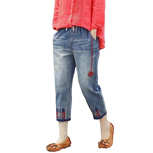 FNKDOR Capri Jeans Damen 7/8 länge Elastischer Bund Straight Leg Jeans mit Gemusterte und Kordelzug Nr#8 von FNKDOR