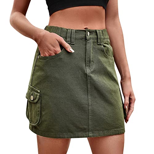 Cargo Jeansrock Damen Sexy Hohe Taille Elastischer Bund Minirock A line Rock von FNKDOR