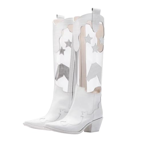 FNKDOR Cowboystiefel Westernstiefel Damen Halbhoch Weiter Schaft Krokodilmuster Transparent Cut Out Rückenreißverschluss Spitze Form Cowgirl Stiefel für Frauen (Weiß, 42) von FNKDOR