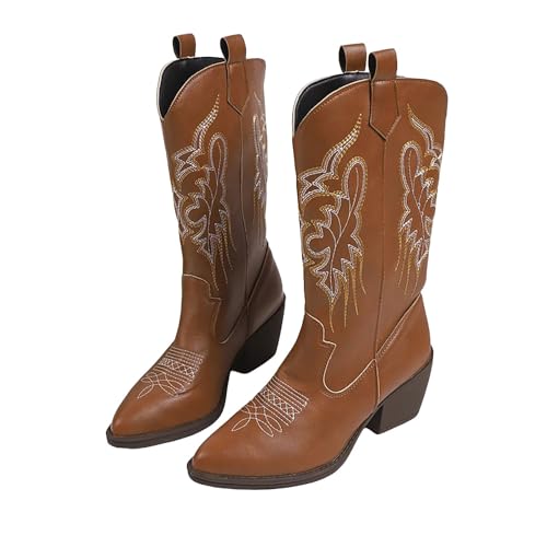 FNKDOR Cowboystiefel Westernstiefel Damen Weiter Schaft Halbhoch Stickereien Spitze Form Cowgirl Stiefel für Frauen (Braun, 40) von FNKDOR