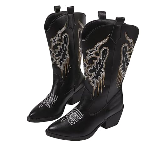 FNKDOR Cowboystiefel Westernstiefel Damen Weiter Schaft Halbhoch Stickereien Spitze Form Cowgirl Stiefel für Frauen (Schwarz, 40) von FNKDOR