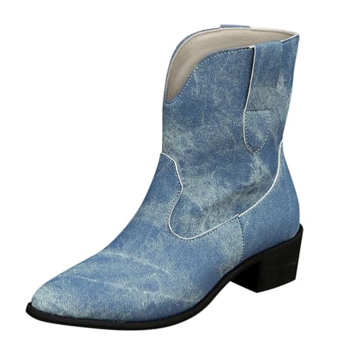 FNKDOR Cowboystiefel Westernstiefel Damen Weiter Schaft Kurzschaft Denim-Optik Spitze Form Stiefeletten Cowgirl Stiefel für Frauen (Blau, 37) von FNKDOR