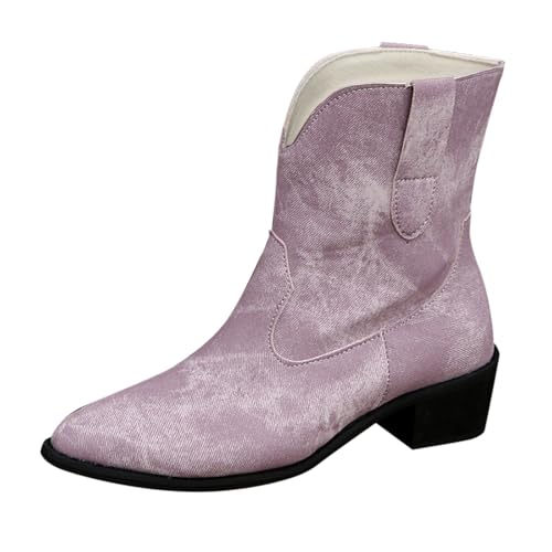 FNKDOR Cowboystiefel Westernstiefel Damen Weiter Schaft Kurzschaft Denim-Optik Spitze Form Stiefeletten Cowgirl Stiefel für Frauen (Lila, 43) von FNKDOR