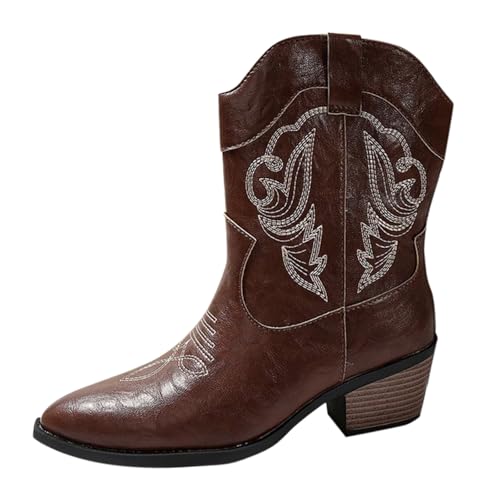 FNKDOR Cowboystiefel Westernstiefel Damen Weiter Schaft Kurzschaft Stickereien Spitze Form Stiefeletten Cowgirl Stiefel für Frauen (Coffee, 42) von FNKDOR