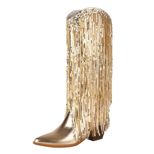 FNKDOR Cowboystiefel Westernstiefel für Damen Kniehoch Weiter Schaft Fransen Lackleder Fransen Pailletten Spitze Form Mehrere Größen Cowgirl Stiefel für Frauen (Gold, 36) von FNKDOR