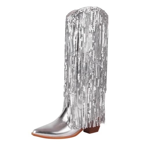 FNKDOR Cowboystiefel Westernstiefel für Damen Kniehoch Weiter Schaft Fransen Lackleder Fransen Pailletten Spitze Form Mehrere Größen Cowgirl Stiefel für Frauen (Silver, 47) von FNKDOR