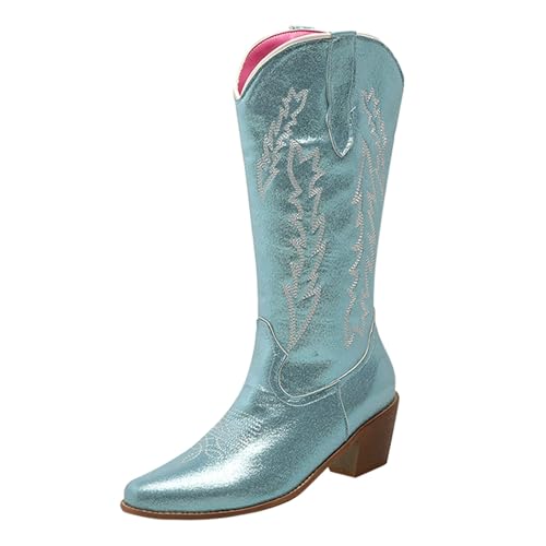 FNKDOR Cowboystiefel Westernstiefel für Damen Weiter Schaft Kniehoch Glitzer Stickereimuster Seitlicher Reißverschluss Snip Toe Cowgirl Stiefel für Frauen (Blau, 40) von FNKDOR