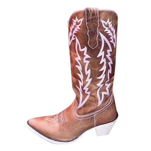 FNKDOR Cowboystiefel Westernstiefel für Damen Weiter Schaft Kniehoch Glitzer Stickereimuster Seitlicher Reißverschluss Snip Toe Cowgirl Stiefel für Frauen (Coffee, 37) von FNKDOR