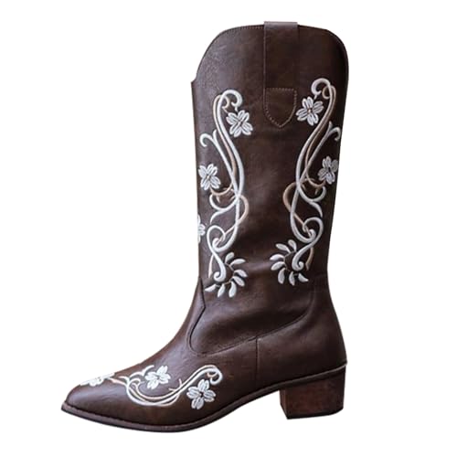 FNKDOR Cowboystiefel für Damen Westernstiefel Weiter Schaft Halbhoch Blumenstickerei Spitze Form Cowgirl Stiefel für Frauen (Braun, 40) von FNKDOR