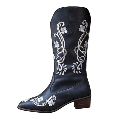 FNKDOR Cowboystiefel für Damen Westernstiefel Weiter Schaft Halbhoch Blumenstickerei Spitze Form Cowgirl Stiefel für Frauen (Schwarz, 40) von FNKDOR