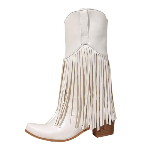 FNKDOR Cowboystiefel für Damen Westernstiefel Weiter Schaft Halbhoch Fransen Snip Toe Mehrere Größen Cowgirl Stiefel für Frauen (Weiß, 39) von FNKDOR