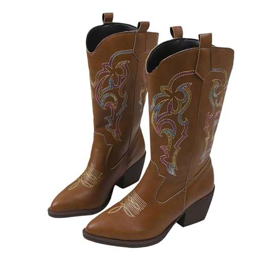 FNKDOR Cowboystiefel für Damen Westernstiefel Weiter Schaft Halbhoch Stickereien Spitze Form Cowgirl Stiefel für Frauen (Braun, 39) von FNKDOR