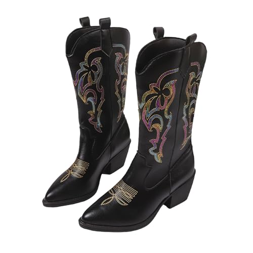 FNKDOR Cowboystiefel für Damen Westernstiefel Weiter Schaft Halbhoch Stickereien Spitze Form Cowgirl Stiefel für Frauen (Schwarz, 42) von FNKDOR