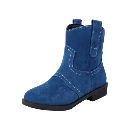 FNKDOR Cowboystiefel für Damen Westernstiefel Weiter Schaft Kurzschaft Wildleder Stiefeletten Runde Form Mehrere Größen Cowgirl Stiefel für Frauen (Blau, 43) von FNKDOR