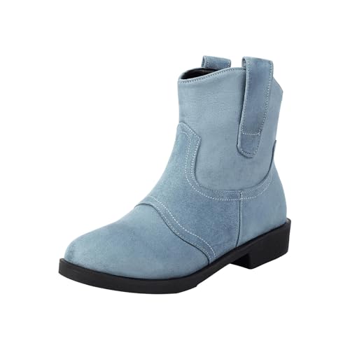 FNKDOR Cowboystiefel für Damen Westernstiefel Weiter Schaft Kurzschaft Wildleder Stiefeletten Runde Form Mehrere Größen Cowgirl Stiefel für Frauen (Light Blau, 36) von FNKDOR