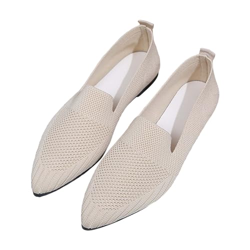 FNKDOR Damen Ballerinas Elegant Bequem Sommerschuhe Slip On Spitze Zehe Flache Schuhe Knit Kleid Schuhe Loafer Größe.36-43 (Beige, 40) von FNKDOR