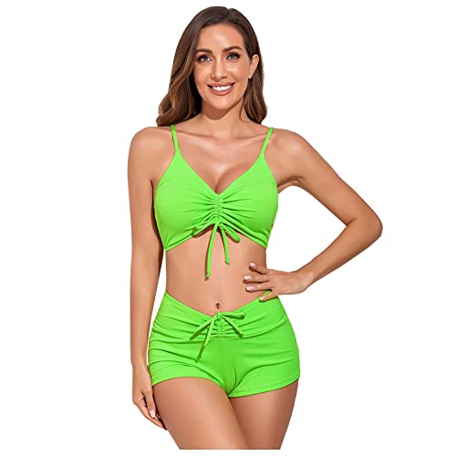 FNKDOR Damen Bikini Set Zweiteiler Badeanzug Push Up Sling High Waist Bikini Shorts Einstellbar Kordelzug (Green, L) von FNKDOR
