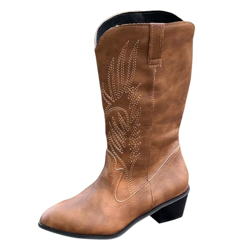 FNKDOR Damen Cowboystiefel Westernstiefel Weiter Schaft Halbhoch Ethnici Stickmuster Spitze Form Cowgirl Stiefel für Frauen (Braun, 39) von FNKDOR