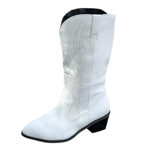 FNKDOR Damen Cowboystiefel Westernstiefel Weiter Schaft Halbhoch Ethnici Stickmuster Spitze Form Cowgirl Stiefel für Frauen (Weiß, 41) von FNKDOR
