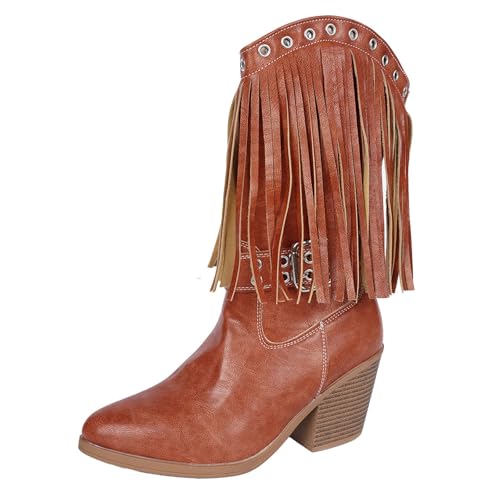 FNKDOR Damen Cowboystiefel Westernstiefel Weiter Schaft Halbhoch Fransen Gürtelschnalle Spitze Form Cowgirl Stiefel für Frauen (Braun, 38) von FNKDOR
