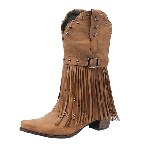 FNKDOR Damen Cowboystiefel Westernstiefel Weiter Schaft Halbhoch Fransen Nieten Gürtelschnalle Snip Toe Cowgirl Stiefel für Frauen (Braun, 38) von FNKDOR