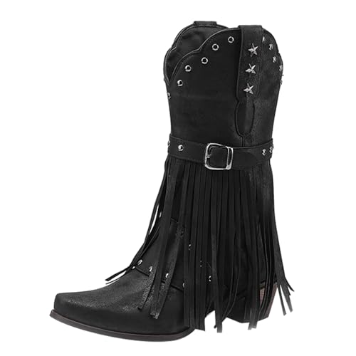 FNKDOR Damen Cowboystiefel Westernstiefel Weiter Schaft Halbhoch Fransen Nieten Gürtelschnalle Snip Toe Cowgirl Stiefel für Frauen (Schwarz, 40) von FNKDOR